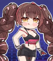 Rule 34 | 1girl, :q, android, black choker, black gloves, black shorts, black tank top, blush, braid, braided bangs, breasts, brown hair, camisole, choker, cleavage, crop top, drill hair, fanny pack, gloves, hair ornament, hair ribbon, hand on own hip, highres, hololive, kukie-nyan, large breasts, long hair, looking at viewer, mechanical arms, mechanical hands, midriff, navel, official alternate hairstyle, pink bag, pink camisole, pink ribbon, ribbon, roboco-san, roboco-san (workoutwear), short shorts, shorts, smile, solo, standing, strap slip, tank top, tongue, tongue out, twin drills, two-tone gloves, very long hair, virtual youtuber, x hair ornament