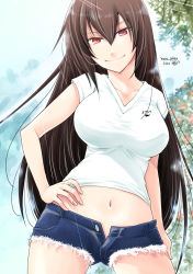 Rule 34 | 1girl, alternate costume, bad anatomy, black hair, black shorts, casual, commentary request, cutoffs, denim, denim shorts, hand on own hip, highres, kantai collection, long hair, looking at viewer, matsuura@parao, nagato (kancolle), navel, one-hour drawing challenge, open fly, red eyes, shirt, short shorts, shorts, solo, t-shirt, white shirt