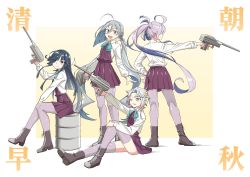 Rule 34 | 4girls, :d, ;), ahoge, akishimo (kancolle), asashimo (kancolle), black hair, boots, bow, bowtie, brown eyes, brown footwear, cross-laced footwear, dress, drum (container), from behind, full body, grey eyes, grey hair, hair between eyes, hair bun, hair ornament, hair over one eye, hair ribbon, halterneck, hayashimo (kancolle), highres, hime cut, holding, holding turret, kantai collection, kazh (kazu), kiyoshimo (kancolle), lace-up boots, leaf hair ornament, long hair, long sleeves, looking at viewer, low twintails, multiple girls, one eye closed, open mouth, pantyhose, pleated skirt, ponytail, purple dress, purple eyes, purple legwear, ribbon, school uniform, shirt, simple background, single hair bun, sitting, skirt, smile, thighhighs, turret, twintails, very long hair, white background, white ribbon, white shirt