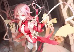 Rule 34 | 10s, 1girl, bare shoulders, black thighhighs, breasts, center opening, cleavage, detached sleeves, fingerless gloves, gloves, guilty crown, hair ornament, hairclip, long hair, looking at viewer, navel, open mouth, pink hair, red eyes, saphirya, smile, solo, thighhighs, twintails, yuzuriha inori