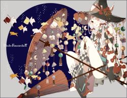 Rule 34 | 1girl, bow, bubble, closed umbrella, commentary request, flower, gloves, grey hair, hair bow, hat, hat flower, hat ribbon, horns, kneehighs, long hair, looking at viewer, off shoulder, oil-paper umbrella, one eye closed, origami, original, pixiv fantasia, pixiv fantasia t, ribbon, sandals, single horn, socks, solo, suzuyu (suzukure 0608), umbrella, witch, witch hat, yellow eyes