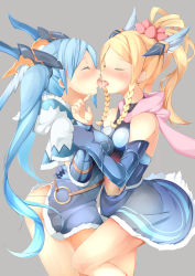Rule 34 | 2girls, absurdres, bare shoulders, blonde hair, blue eyes, blue hair, braid, byte (allbyte), elbow gloves, closed eyes, french kiss, fur trim, gloves, hair ornament, hairclip, highres, incest, kiss, long hair, multiple girls, open mouth, ponytail, puzzle &amp; dragons, saliva, saliva trail, shizuka (deatennsi), tongue, twin braids, twintails, yuri