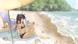 Rule 34 | 1girl, a0lp, animal ears, arknights, ball, barefoot, beach, beachball, bikini, black bikini, black hair, bottle, breasts, chair, cigarette, cleavage, cocktail glass, commentary, crab, cup, day, drinking glass, english commentary, long hair, medium breasts, multicolored hair, navel, ocean, off shoulder, outdoors, parasol, ponytail, radio, red hair, sandals, shoes, unworn shoes, shorts, sitting, solo, swimsuit, table, texas (arknights), two-tone hair, umbrella, white footwear, wolf ears