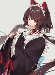 Rule 34 | 1girl, :d, animal ears, black collar, blue bow, blurry, bow, brown kimono, collar, cowboy shot, depth of field, dog ears, dog girl, dog hair ornament, dutch angle, fang, flower, hair flower, hair ornament, heterochromia, highres, inui toko, japanese clothes, kimono, long hair, long sleeves, low twintails, maid, maid headdress, nijisanji, open mouth, red eyes, red ribbon, ribbon, sino42, skin fang, sleeves past fingers, sleeves past wrists, smile, solo, striped, twintails, virtual youtuber, wa maid, wide sleeves, yellow eyes