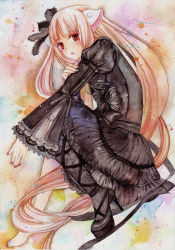 Rule 34 | 00s, 1girl, barefoot, black dress, black footwear, black thighhighs, blonde hair, blunt bangs, bow, brown eyes, chobits, cross-laced footwear, dress, freya, freya (chobits), frilled dress, frills, gothic lolita, gotou ho, hair ribbon, high heels, juliet sleeves, lace, lolita fashion, long hair, long sleeves, looking at viewer, nail polish, painting (medium), parted lips, petticoat, puffy long sleeves, puffy sleeves, ribbon, robot ears, shoes, single shoe, single thighhigh, solo, thighhighs, traditional media, very long hair, watercolor (medium), wide sleeves