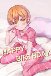 Rule 34 | 1girl, :&lt;, bed, between legs, blush, buttons, closed mouth, collarbone, commentary request, english text, hair between eyes, hand up, happy birthday, head tilt, highres, hitotsuki no yagi, hoshizora rin, looking at viewer, love live!, love live! school idol festival, love live! school idol project, orange hair, pajamas, pillow, pink pajamas, rubbing eyes, short hair, short sleeves, sidelocks, sitting, solo, striped clothes, striped pajamas, wariza, yellow eyes