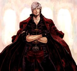 Rule 34 | 1boy, bad id, bad pixiv id, capcom, crossed arms, dante (devil may cry), devil may cry (series), devil may cry 4, fingerless gloves, gloves, jacket, johnny, johnny (nana), male focus, smile, solo, white hair