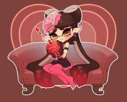 Rule 34 | + +, 1girl, adapted costume, armband, black gloves, black hair, black jumpsuit, brown background, brown eyes, callie (splatoon), closed mouth, commentary, couch, coula cat, dated, detached collar, earrings, english commentary, english text, food, food on head, gloves, gradient hair, happy valentine, heart, heart earrings, holding, inkling, jewelry, jumpsuit, long hair, looking at viewer, mole, mole under eye, multicolored hair, nintendo, no shoes, object on head, on couch, outline, pantyhose, pointy ears, red hair, red pantyhose, short jumpsuit, sitting, smile, solo, splatoon (series), splatoon 1, tentacle hair, very long hair, white outline