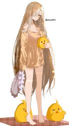 Rule 34 | absurdly long hair, absurdres, alternate costume, alternate hairstyle, azur lane, bird, breasts, carrying, character doll, chick, cleavage, collarbone, contemporary, full body, hair down, hair over one eye, highres, holding, holding pillow, long hair, manjuu (azur lane), no shoes, pajamas, pillow, raru (nanaharararu), sheffield (azur lane), sidelocks, silver hair, solo, twitter username, very long hair, yellow eyes, yellow pajamas