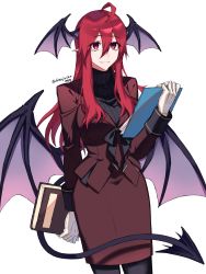 Rule 34 | 1girl, ahoge, alternate color, black pantyhose, black sweater, book, breasts, brown jacket, brown skirt, clipboard, commentary request, cowboy shot, demon girl, demon tail, demon wings, gloves, grin, head wings, highres, himadera, holding, holding book, holding clipboard, jacket, koakuma, large breasts, long hair, long sleeves, looking at viewer, pantyhose, pointy ears, red eyes, red hair, ribbed sweater, simple background, skirt, smile, solo, sweater, tail, touhou, turtleneck, turtleneck sweater, twitter username, white background, white gloves, wings