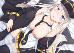 Rule 34 | 1girl, azur lane, bed sheet, between breasts, black necktie, black thighhighs, blush, breasts, breasts out, coat, collarbone, collared shirt, cum, cum on body, cum on breasts, cum on upper body, dutch angle, enterprise (azur lane), hair between eyes, hat, kirisawa shinji, knee up, large breasts, long hair, looking at viewer, military hat, necktie, necktie between breasts, nipples, no panties, no pussy, off shoulder, open clothes, open mouth, open shirt, purple eyes, shirt, silver hair, sitting, solo, straight hair, thighhighs
