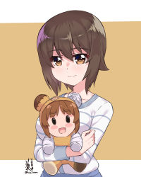 Rule 34 | 1girl, :d, absurdres, artist name, bandages, bandaid, blush, blush stickers, boko (girls und panzer), brown eyes, brown hair, casual, character doll, closed mouth, commentary, crossed arms, girls und panzer, highres, holding, holding stuffed toy, kimi tsuru, light blush, long sleeves, looking at viewer, nishizumi maho, open mouth, orange background, shirt, short hair, signature, smile, solo, standing, striped clothes, striped shirt, stuffed animal, stuffed toy, teddy bear, twitter username, white shirt