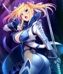 Rule 34 | 00s, 1girl, ass, blonde hair, blue eyes, blush, bodysuit, breasts, covered erect nipples, dual wielding, female focus, gloves, hair ribbon, highres, holding, huge ass, jacket, large breasts, lilith-soft, long hair, looking at viewer, looking back, ninja, nipples, no bra, open mouth, pointy ears, reverse grip, ribbon, shinganji kurenai, shiny clothes, solo, sword, taimanin (series), taimanin asagi, taimanin kurenai, twintails, weapon