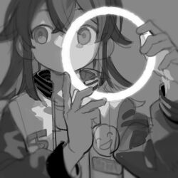 Rule 34 | 1girl, commentary request, d.y.x., flipped hair, glowing, glowing halo, greyscale, halo, halo removed, hands up, high collar, holding halo, idolmaster, idolmaster shiny colors, jacket, komiya kaho, letterman jacket, light, long hair, long sleeves, looking to the side, monochrome, no mouth, open clothes, open jacket, sideways glance, simple background, sketch, smiley face, solo, straight-on, upper body
