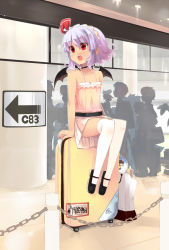 Rule 34 | 1girl, :d, alternate costume, alternate headwear, bad id, bad pixiv id, bare shoulders, bat wings, camisole, casual, chain, choker, comiket, contemporary, fang, female focus, hakurei reimu, hand fan, kneehighs, light purple hair, mary janes, no headwear, open mouth, red eyes, remilia scarlet, revision, shin (new), shoes, short hair, sitting, skirt, smile, socks, solo, suitcase, thighhighs, touhou, white socks, white thighhighs, wings