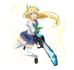 Rule 34 | 10s, blonde hair, blue skirt, bow, breasts, chainsaw, cleavage, collarbone, floating hair, full body, green bow, green eyes, hair between eyes, hair bow, holding, leafa, long hair, looking at viewer, medium breasts, miniskirt, open mouth, pleated skirt, pointy ears, ponytail, school uniform, serafuku, shirt, sidelocks, simple background, skirt, solo, sword art online, thighhighs, torn clothes, torn thighhighs, very long hair, white background, white shirt, white thighhighs, zettai ryouiki