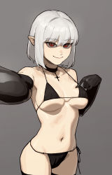 Rule 34 | 1girl, bikini, black bikini, black choker, black gloves, black thighhighs, bob cut, breasts, choker, closed mouth, cross, cross necklace, elbow gloves, gloves, gogalking, grey background, highres, jewelry, large breasts, looking at viewer, medium hair, navel, necklace, original, pointy ears, red eyes, selfie, side-tie bikini bottom, simple background, slit pupils, smile, solo, swimsuit, symbol-only commentary, thighhighs, vampire&#039;s sister (gogalking), white hair
