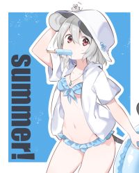 Rule 34 | 1girl, akagashi hagane, animal ears, bikini, bikini skirt, blue bikini, breasts, cleavage, cowboy shot, food, grey hair, hat, hood, hoodie, innertube, jewelry, looking at viewer, mouse (animal), mouse ears, mouse tail, mouth hold, navel, nazrin, open clothes, open hoodie, pendant, popsicle, red eyes, short hair, small breasts, solo, stomach, sweat, swim ring, swimsuit, tail, touhou, white hat