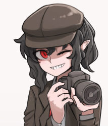 Rule 34 | 1girl, black hair, brown hat, brown jacket, cabbie hat, camera, collared shirt, commentary, english commentary, flat cap, grin, hat, holding, holding camera, jacket, mata (matasoup), necktie, one eye closed, open clothes, open jacket, pointy ears, red eyes, red necktie, shameimaru aya, shameimaru aya (newsboy), shirt, short hair, short ponytail, smile, solo, touhou, wavy hair, white background, white shirt