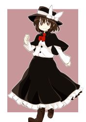 Rule 34 | 1girl, azumaya toushirou, black capelet, black hat, black skirt, boots, bow, brown background, brown eyes, brown footwear, brown hair, buttons, capelet, clenched hands, closed mouth, commentary request, frilled skirt, frills, hat, hat bow, highres, long skirt, long sleeves, looking at viewer, red neckwear, shirt, short hair, skirt, smile, solo, square, touhou, usami renko, walking, white background, white bow, white shirt
