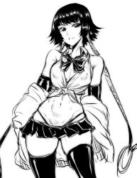 Rule 34 | 1girl, absurdres, alternate costume, black hair, bleach, breasts, contrapposto, cowboy shot, gggg, greyscale, highres, long hair, monochrome, monochrome, navel, shirt, sketch, skindentation, skirt, small breasts, solo, sui-feng, thighhighs, tied shirt, white background
