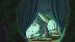 Rule 34 | 1girl, absurdres, arm pillow, bibido, blunt bangs, blurry, book, claws, closed eyes, colored eyelashes, depth of field, furry, highres, made in abyss, mitty (made in abyss), nanachi (made in abyss), sleeping, teeth, whiskers, white hair
