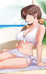 Rule 34 | 10s, 1girl, :o, absurdres, arm support, barefoot, beach, beach towel, beach umbrella, bikini, black eyes, blanket, blush, bow, braid, breasts, brown hair, cleavage, cloud, day, floral print, from side, front-tie bikini top, front-tie top, grey hair, hair bow, hair over shoulder, highres, kiriyama taichi, large breasts, leaf, lipstick, long hair, looking at viewer, makeup, mature female, mole, moroboshi kyouko, navel, ocean, open mouth, outdoors, pink lips, purple eyes, sarong, single braid, sitting, sky, solo, striped, sweet home, swimsuit, towel, umbrella, water, white bikini
