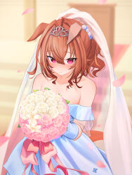 Rule 34 | 1girl, alternate hairstyle, animal ears, bare shoulders, blue dress, blush, bouquet, bridal veil, brown hair, collarbone, commentary, daiwa scarlet (something blue) (umamusume), daiwa scarlet (umamusume), dress, flower, hair between eyes, hair flower, hair intakes, hair ornament, highres, holding, holding bouquet, horse ears, horse girl, katuko deluxe, off-shoulder dress, off shoulder, official alternate costume, purple dress, tail, umamusume, veil, wavy hair, wavy mouth, wedding dress