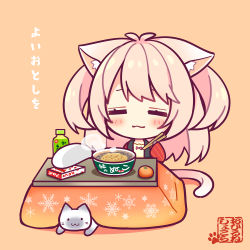 Rule 34 | 1girl, :3, animal, animal ear fluff, animal ears, antenna hair, blush, bottle, brown background, cat, cat ears, cat girl, cat tail, chibi, chopsticks, closed eyes, closed mouth, commentary request, eyebrows hidden by hair, facing viewer, food, fruit, full body, holding, holding chopsticks, kotatsu, light brown hair, long hair, long sleeves, mandarin orange, open clothes, original, ryuuka sane, shadow, simple background, sleeves past wrists, solo, steam, table, tail, translation request, two side up, very long hair, wide sleeves