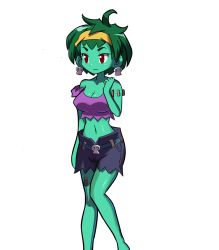 Rule 34 | 1girl, belt, breasts, cleavage, closed mouth, colored skin, earrings, green hair, green skin, headband, jewelry, looking to the side, midriff, navel, off shoulder, red eyes, rottytops, shantae (series), short hair, shorts, skull earrings, solo, stitches, stomach, strap slip, tank top, torn clothes, zombie