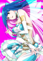 Rule 34 | 10s, 1girl, angel, bare shoulders, blue hair, bracelet, breasts, bridal gauntlets, choker, colored inner hair, green eyes, halo, heart, jewelry, kmikan, long hair, multicolored hair, panty &amp; stocking with garterbelt, pink hair, simple background, skirt, smile, solo, stocking (psg), wings