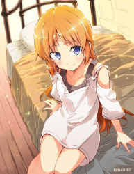 Rule 34 | 1girl, bed, bibi02, blonde hair, blouse, blue eyes, blurry, blush, clothing cutout, collarbone, depth of field, highres, legs together, long hair, looking at viewer, nightgown, pillow, selka zuberg, shirt, shoulder cutout, sitting, smile, solo, sword art online, thighs, twitter username, very long hair, white nightgown, white shirt, wooden floor
