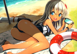 Rule 34 | 10s, 1girl, :d, ass, beach, blonde hair, blue eyes, crop top, flower, hair flower, hair ornament, handheld game console, kantai collection, lifebuoy, long hair, long legs, meta, moriki, one-piece swimsuit, open mouth, orel cruise, playstation vita, rensouhou-chan, revision, ro-500 (kancolle), school swimsuit, school uniform, smile, solo, swim ring, swimsuit, tan, torpedo