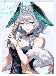 1girl alternate_costume aqua_eyes arknights black_dress breasts china_dress chinese_clothes cleavage collared_dress dress feathered_wings folding_fan grey_hair hair_between_eyes hand_fan head_wings highres ho&#039;olheyak_(arknights) holding holding_fan looking_at_viewer medium_hair nail_polish smile solo upper_body wings yoruyume