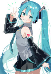 Rule 34 | 1girl, aqua eyes, aqua hair, aqua nails, aqua necktie, arm tattoo, black skirt, black sleeves, breasts, commentary request, cowboy shot, detached sleeves, dot nose, double-parted bangs, from side, grey shirt, grin, hatsune miku, head tilt, headset, highres, light blush, long hair, looking at viewer, maud0239, nail polish, necktie, pleated skirt, shirt, simple background, skirt, sleeveless, sleeveless shirt, small breasts, smile, solo, tattoo, twintails, v, very long hair, vocaloid, white background