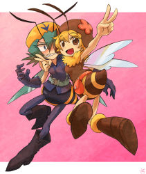Rule 34 | 2girls, :d, antennae, bee girl, belt, blonde hair, blue hair, boots, brown eyes, clenched teeth, female focus, hat, hug, arthropod girl, insect wings, monster girl, multiple girls, open mouth, original, pouch, sachy (sachichy), smile, teeth, v, wasp girl, wings