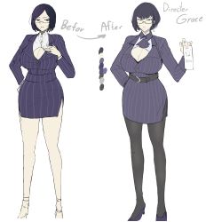 Rule 34 | 1girl, absurdres, before and after, belt, breasts, cleavage, comparison, formal, glasses, grace (puzenketsu), high heels, highres, large breasts, mature female, mature female, mole, mole under mouth, office lady, original, puzenketsu, short hair, suit, teacher