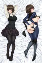Rule 34 | 1girl, angry, arms behind head, arms up, ass, back, bed sheet, biker clothes, black pantyhose, blush, bodysuit, boots, braid, breasts, brown hair, closed mouth, crown braid, dakimakura (medium), from above, full body, gloves, knees together feet apart, lindaroze, long sleeves, looking at viewer, lying, medium breasts, miniskirt, multiple views, niijima makoto, no bra, no panties, on back, on stomach, pantyhose, parted lips, persona, persona 5, plaid, plaid skirt, red eyes, scarf, school uniform, seductive smile, shirt, shoulder spikes, shuujin academy school uniform, skirt, smile, spikes, torn bodysuit, torn clothes, turtleneck, v-shaped eyebrows, vest, watermark, web address