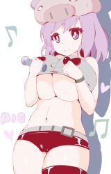 Rule 34 | 1girl, bad id, bad pixiv id, bare shoulders, beamed quavers, breasts, cleavage, heart, heart-shaped pupils, highres, huge breasts, karaage teishoku (regret1994), looking at viewer, microphone, musical note, navel, original, pig, purple hair, quaver, short hair, short shorts, shorts, single thighhigh, smile, solo, symbol-shaped pupils, thighhighs, underboob