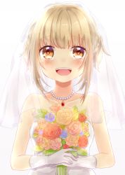 Rule 34 | 1girl, :d, bad id, bad pixiv id, bare shoulders, blush, bouquet, braid, bridal veil, brown eyes, dress, flower, french braid, gloves, hinanosuke, holding, holding flower, jewelry, light brown hair, looking at viewer, necklace, open mouth, smile, solo, tears, tokyo 7th sisters, tsunomori rona, veil, wedding dress, white background, white gloves