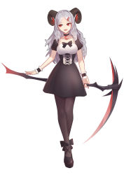 Rule 34 | 1girl, :d, black bow, black choker, black dress, black footwear, bow, breasts, brown pantyhose, choker, collarbone, commentary request, crescent, cross-laced clothes, curled horns, dress, fang, full body, grey hair, hair intakes, hair ornament, hairclip, highres, holding, holding scythe, holding weapon, horns, large breasts, legs together, liu lan, long hair, looking away, open mouth, original, pantyhose, parted bangs, red eyes, scythe, shoes, short dress, short sleeves, sidelocks, sideways glance, simple background, smile, solo, standing, weapon, white background, wrist cuffs
