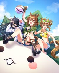 Rule 34 | 3girls, agnes tachyon (lunatic lab) (umamusume), agnes tachyon (umamusume), ahoge, animal ears, bare shoulders, bikini, black bikini, black footwear, black hair, blue shorts, boots, breasts, brown gloves, brown hair, cleavage, cloud, cutoffs, day, eyewear on head, flask, gloves, hat, hat on back, high heel boots, high heels, highres, holding, holding flask, hood, hoodie, horse ears, horse girl, horse tail, jacket, jewelry, jungle pocket (tobasuze hot summer!) (umamusume), jungle pocket (umamusume), long hair, manhattan cafe (tobasuze hot summer!) (umamusume), manhattan cafe (umamusume), multiple girls, navel, nayuta ggg, necklace, notched ear, on one knee, open mouth, outdoors, red eyes, round-bottom flask, sandals, short hair, short ponytail, short sleeves, shorts, single glove, sitting, small breasts, smile, sun hat, sunglasses, swimsuit, tail, tied jacket, toeless footwear, umamusume, v-shaped eyebrows, white headwear, white hoodie, yellow bikini, yellow eyes