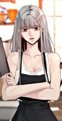 Rule 34 | 1girl, apron, black apron, crossed arms, grey hair, hero killer, highres, ihwa (hero killer), kitchen, knife, long hair, looking at viewer, open mouth, red eyes, shirt, solo, very long hair, white shirt, window