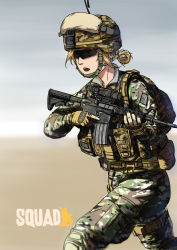 Rule 34 | 1girl, absurdres, american flag, assault rifle, backpack, bag, belt, belt pouch, blonde hair, blue eyes, brown bag, brown gloves, bulletproof vest, camouflage, camouflage bag, camouflage headwear, camouflage jacket, camouflage pants, chin strap, commentary, english commentary, gloves, gun, hair bun, helmet, highres, holding, holding gun, holding weapon, jacket, knee pads, knees up, combat helmet, nose, open mouth, original, pants, pouch, rifle, running, scope, single hair bun, soldier, solo, sunglasses, tactical clothes, teeth, thigh belt, thigh strap, tudou jun, weapon, weapon request