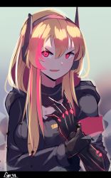 Rule 34 | 1girl, :d, absurdres, black gloves, black hairband, black jacket, blonde hair, breasts, cleavage, commentary, fang, gar32, girls&#039; frontline, gloves, glowing, glowing eyes, hair between eyes, hairband, headgear, highres, holding own wrist, hood, hood down, hooded jacket, jacket, letterboxed, long hair, long sleeves, m4 sopmod ii (girls&#039; frontline), medium breasts, multicolored hair, open mouth, pink hair, red eyes, sidelocks, signature, smile, solo, streaked hair, upper body, v-shaped eyebrows