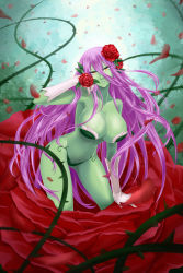 Rule 34 | 1girl, alraune, bare shoulders, breasts, cleavage, collarbone, colored skin, elbow gloves, flower, gloves, green skin, hair flower, hair ornament, highres, huge breasts, jing li, large breasts, leaning forward, long hair, looking at viewer, monster girl, original, parted lips, petals, plant, plant girl, purple hair, red flower, red rose, rose, rose petals, solo, thighs, thorns, very long hair, vines, white gloves, yellow eyes