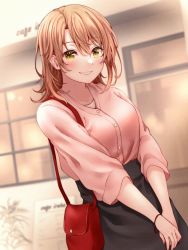 Rule 34 | 1girl, bag, black skirt, blush, bracelet, breasts, buttons, commentary, cowboy shot, hair between eyes, handbag, isshiki iroha, jewelry, light brown hair, looking at viewer, medium breasts, medium hair, menu board, own hands together, parted bangs, parted lips, pink shirt, red hayao, shirt, shirt tucked in, skirt, smile, solo, standing, storefront, yahari ore no seishun lovecome wa machigatteiru., yellow eyes