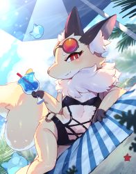 Rule 34 | 1girl, :3, alternate costume, animal ear fluff, animal ears, animal nose, arm support, backlighting, beach towel, beach umbrella, black one-piece swimsuit, blue sky, blurry, blurry background, blurry foreground, blush, body fur, bright pupils, brown-framed eyewear, brown fur, closed mouth, cloud, cup, day, drink, drinking glass, drinking straw, dutch angle, eyewear on head, female focus, flat chest, food, fox ears, fox girl, fox tail, fruit, furry, furry female, half-closed eyes, hand up, happy, highres, holding, holding drinking glass, lemon, lemon slice, lens flare, light rays, looking at viewer, lying, o-ring, o-ring swimsuit, on side, one-piece swimsuit, outdoors, palm tree, red-tinted eyewear, red eyes, sand, shibainu, shiny skin, shirano (world flipper), sideways mouth, sky, smile, snout, solo, starfish, sunglasses, sunlight, swimsuit, tail, tinted eyewear, towel, tree, umbrella, white fur, white pupils, world flipper, yellow fur