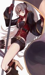 Rule 34 | 1girl, azur lane, belt, black shorts, breasts, closed mouth, earrings, flag, gloves, grey hair, highres, holding, holding flag, jacket, jean bart (azur lane), jewelry, long hair, looking at viewer, marshall k, medium breasts, midriff peek, ponytail, purple eyes, red gloves, serious, shoes, short shorts, shorts, single earring, single thighhigh, solo, striped clothes, striped thighhighs, thighhighs, thighs, vertical-striped clothes, vertical-striped thighhighs, white background