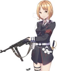Rule 34 | 1girl, absurdres, armband, black gloves, black jacket, black necktie, blonde hair, breasts, brown eyes, cigarette, collared shirt, gar32, girls&#039; frontline, gloves, gun, half gloves, highres, holding, holding gun, holding weapon, jacket, long sleeves, looking at viewer, mouth hold, mp40, mp40 (girls&#039; frontline), name connection, necktie, object namesake, parted bangs, saber (weapon), sheath, sheathed, shirt, short hair, simple background, small breasts, smoke, smoking, solo, standing, submachine gun, sword, thigh strap, weapon, white background, white shirt